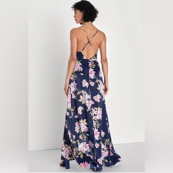 Lulus Love of Romance Navy Floral Print Satin Cowl Neck Maxi Dress - Picture 3 of 3